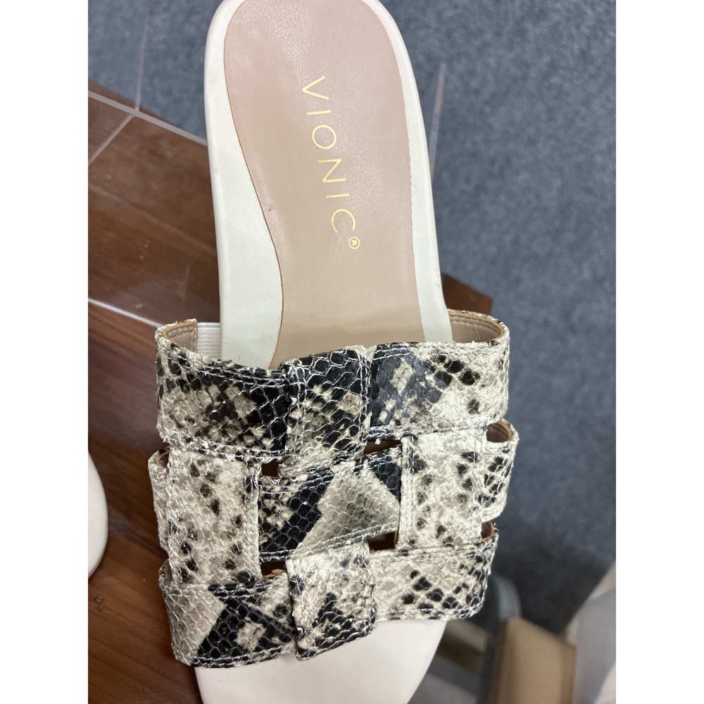 Vionic Womens New Snakeskin Print Woven Slide Sandals Cream Grey Flat Orthotic 7